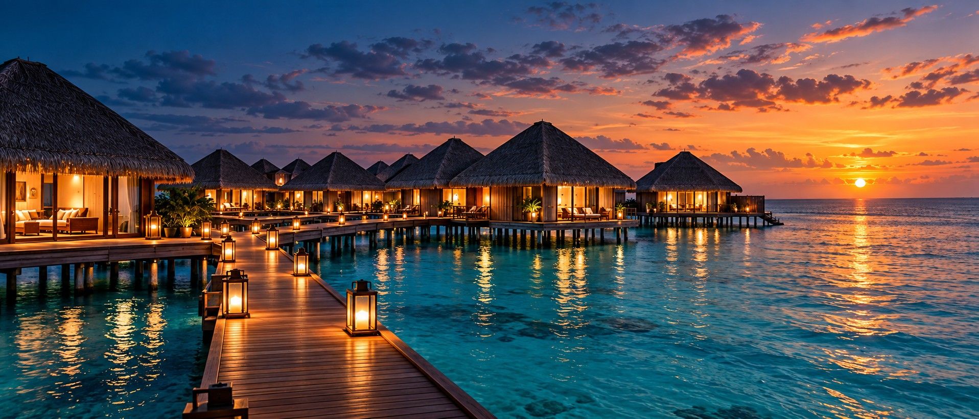 Overwater villas at dusk, lanterns lining a timber walkway over a calm lagoon