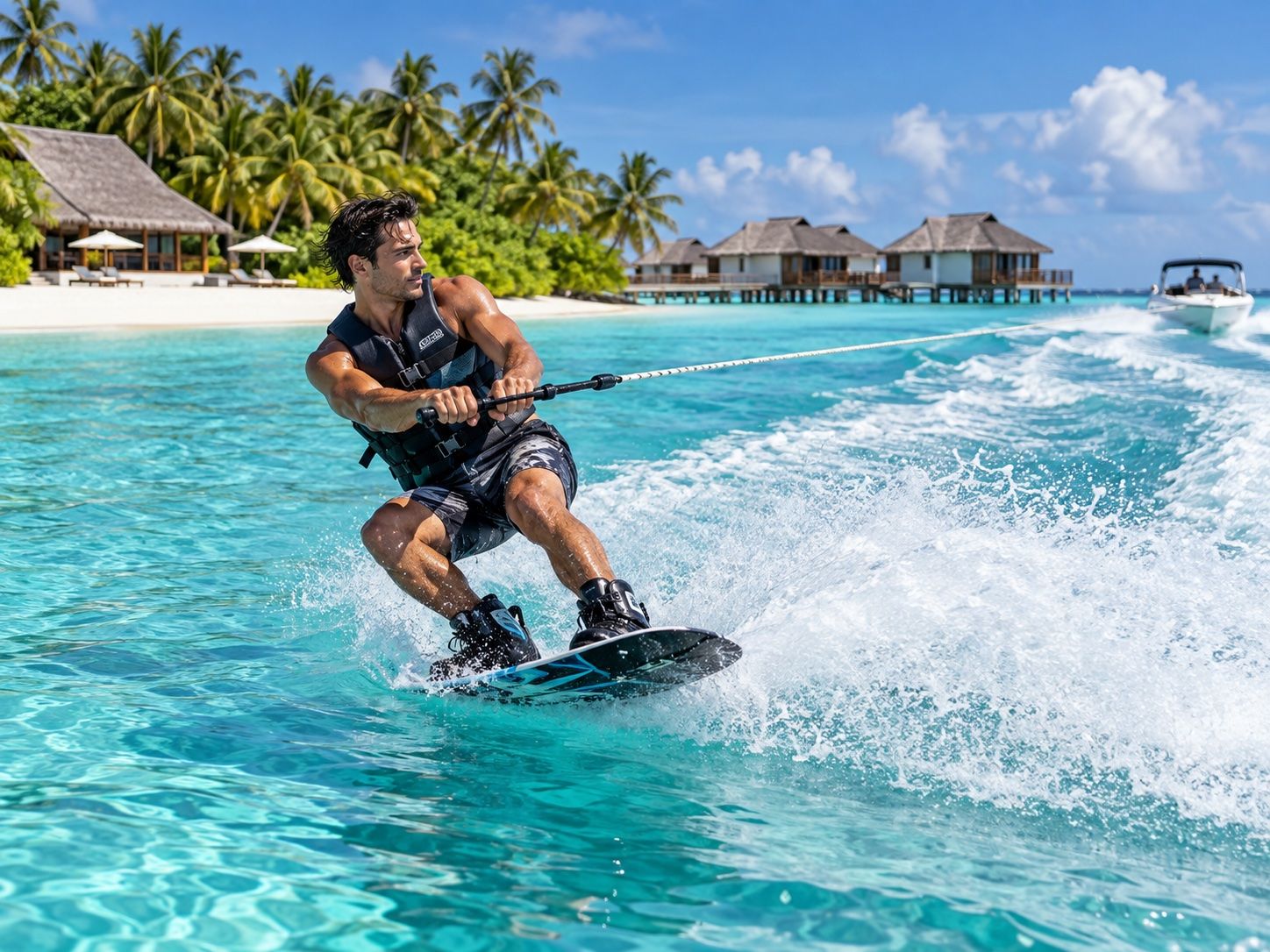 Wakeboarder carving a turn behind a speedboat in a turquoise lagoon